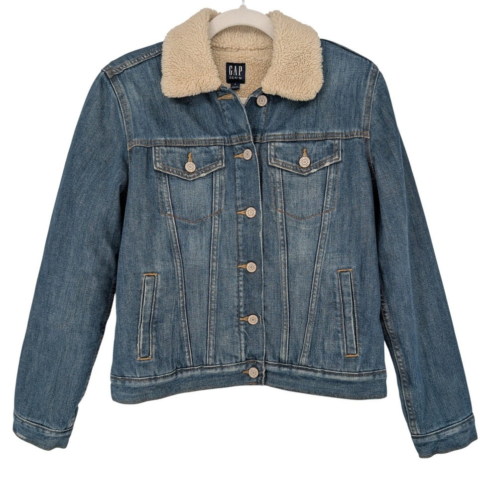GAP Icon Sherpa Denim Trucker Jacket Womens M Blue Classic Timeless Americana